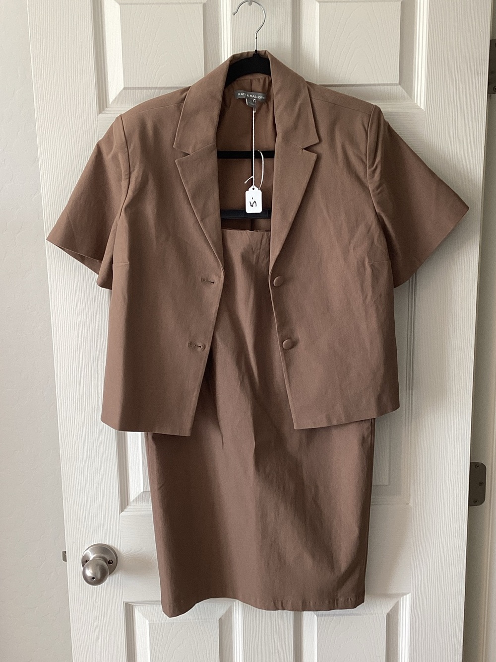 Kate & Mallory Short Sleeve Blazer and Skirt Set in Brown